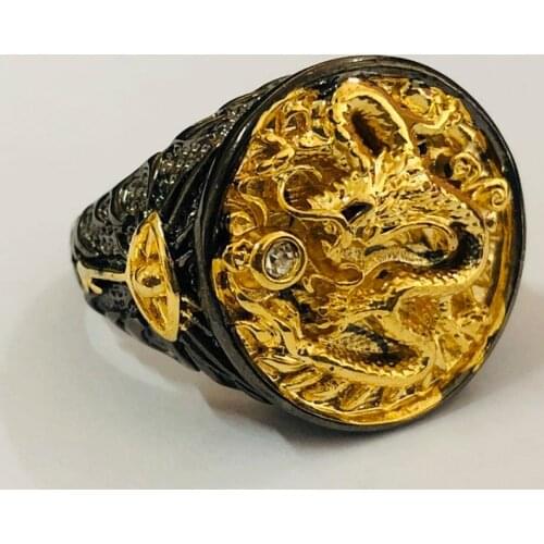 China Style Domineering Mens Ring Golden Color Dragon Engraved Empire King Finger Band Black Holder Exaggerate Jewelry