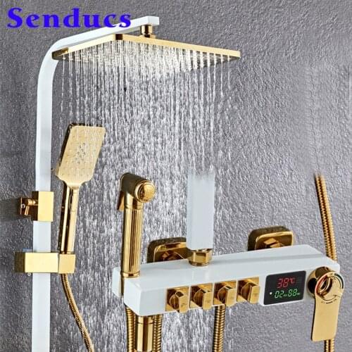 White Gold Bathroom Digital Shower Set Of Temperature Display Bath Shower System Square Rainfall Shower Head Digital Shower Set
