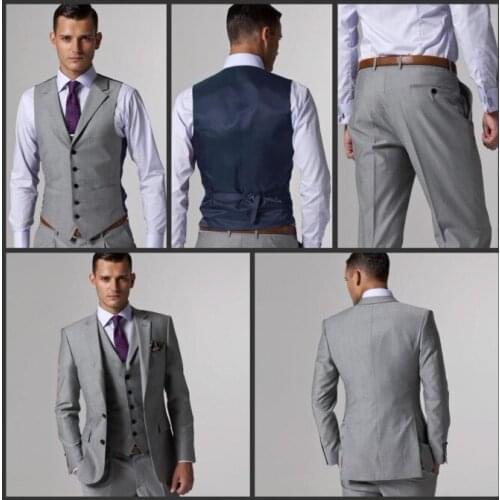 New Design Two Buttons Light Grey Groom Tuxedos Notch Lapel Groomsmen Mens Wedding Prom Suits (Jacket+Pants+Vest+Tie) NO:7