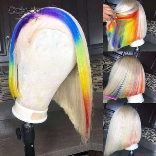 COLODO 613 Blonde Rainbow Lace Front Wigs Brazilian Preplucked Glueless Short Bob Straight Colored Human Hair Wigs For Women
