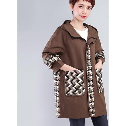 Plus Size Loose Trench Coats 2021 Spring Autumn Casual Hooded Overcoat Women Splice Plaid Coats New Female Cotton Coat Outwear