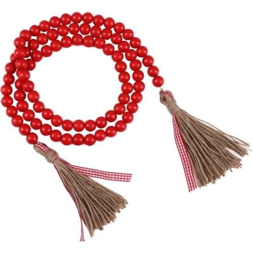 Christmas Wooden Bead Wreath With Tassels Farmhouse Red Wood Wall Hanging Ornaments Vintage Hanging Garland Home Party Decor