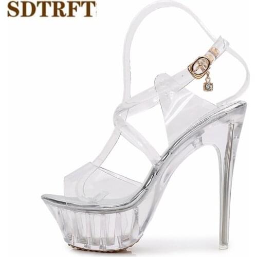 SDTRFT Summer crystal shoes woman 14cm Thin High-Heeled Open Toe sexy platforms Transparent sandals Buckle Narrow Band pumps