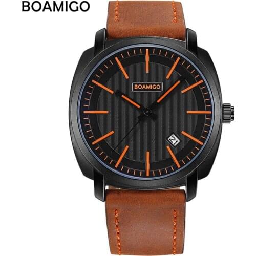 BOAMIGO brand fashion trendy men watches quality male quartz watch genuine leather strap wristwatches waterproof date gift box