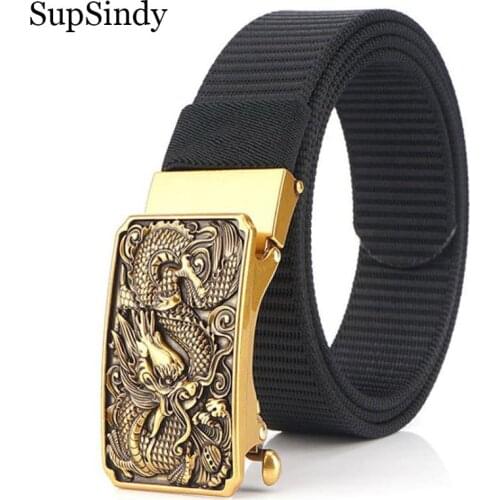 SupSindy Mans nylon belt luxury dragon metal automatic buckle Canvas Belts for men fashion jeans belt outdoor casual male strap