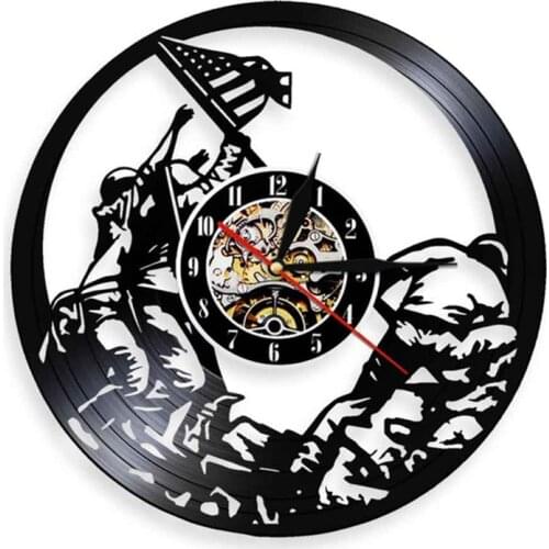 Marines Raising the Flag on Iwo Jima WWll Vinyl Record Wall Clock WW2 United States Hanging Watches Vintage Decor Soldier Gift