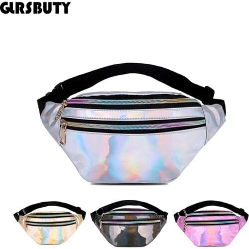 2019 Holographic Fanny Pack Women Silver Laser Bum Bag Travel Shiny Waist Bags Fashion Girls Pink Leather Hologram Hip Bag