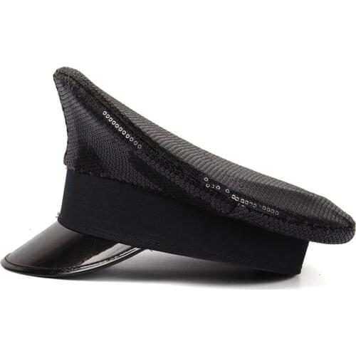 Women Men Sequin Burning Military Stlye Police Sergeant Hat Yacht Week Performance Captain Hat Festival Part Hat