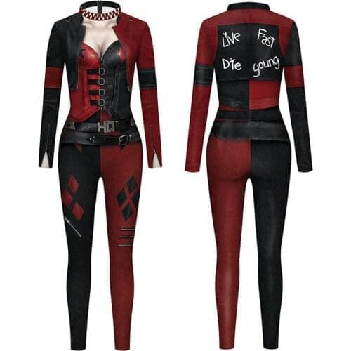 Squad2 Harleen Quinzel Halloween Cosplay Women Joker 3D Jumpsuit Harley Long Sleeve Sexy Quinn Skinny Elastic Suicide Bodysuits
