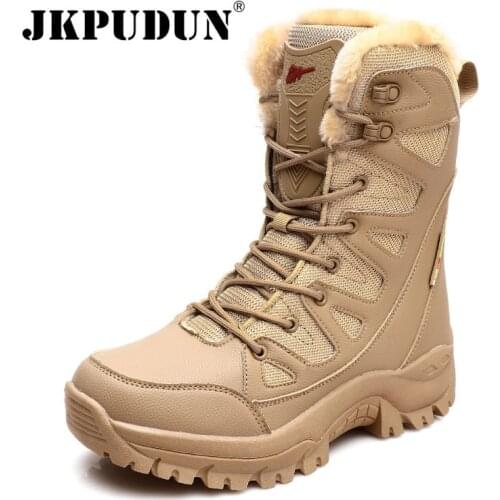 Winter Leather Men Snow Boots with Fur Desert Combat Boots Men Military Sneakers Work Shoes Non-slip Outdoor Couple Hiking Boots