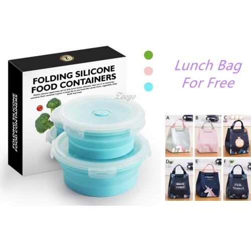 2Pcs/Set Silicone Collapsible Lunch Box Food Container Box BPA Free Portable Picnic Camping Rectangle with Free Lunch Bag