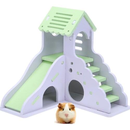 Colorful Mini Eco-board Wooden Slide DIY Assemble Hamster House Small Animals Pet Toy Double Stair-style Castle Pavilion Villa