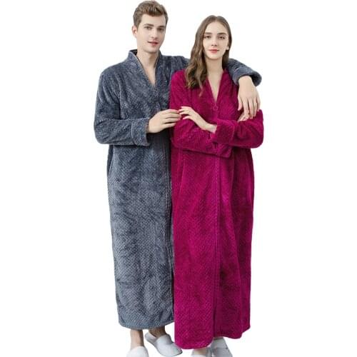 Robes Women Men Flannel Bath Robe Long Zipper Couple Pajamas Nightgown Winter Thicken Warm Soft Sleepwear Female Robe