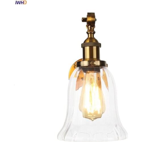 IWHD Gold Metal Long Arm Wall Lamp Vintage Bedroom Porch LED Stair Light Glass Loft Decor Industrial Retro Wall Lights Wandlamp