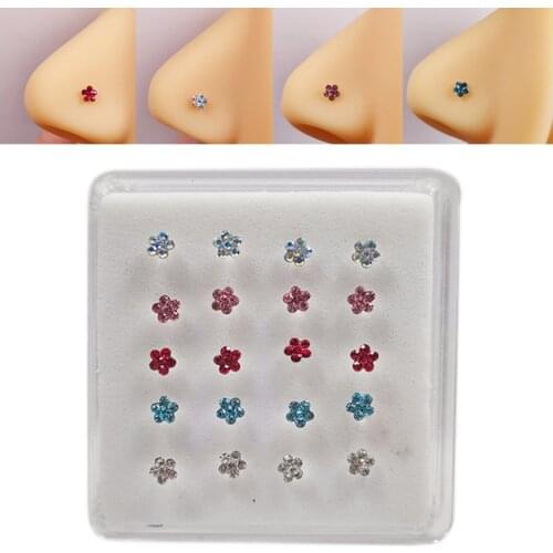 925 Sterling Silver Nose Piercing Jewelry Nose Rings Nose Studs For Women Mix-color Crystal Flower Nose Pin Jewelry 20Pcs/Pack