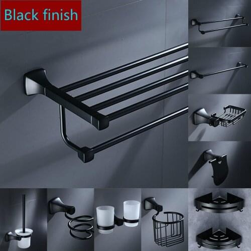 Space Aluminum Bathroom Acccessories Set Toilet Roll Paper Holder Black Finish Towel Rack Toilet Brush Holder Wall Corner Shelf