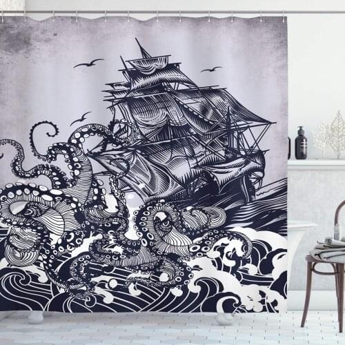 Kraken Octopus Tentacles with Ship Sail Old Boat in Ocean Waves Bathroom Décor