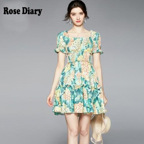 RoseDiary Summer Slash Neckline Floral Mini Short Dress Casual Elastic High Waist Chic Streetwear Vestidos Slim Elbise Tide Traf