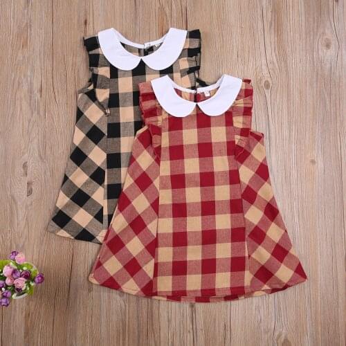 Summer Little Girls Dress, Toddlers Plaid Pattern Doll Collar Fly Sleeve Back Button Princess Gown