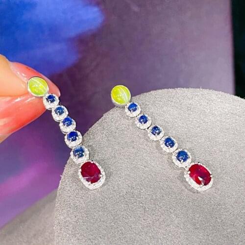LR516 Solid 18k Gold Nature Ruby Sapphire and Cats Eye Drop Dangle Earrings for Women Fine Jewelry Birthday Presents