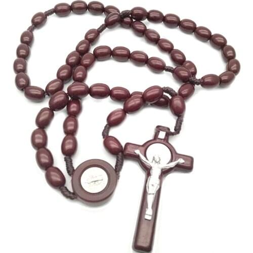 Fashion Handmade Round Bead Catholic Rosary Cross Religious Wood Beads Men Necklace Charm Gift Dropship