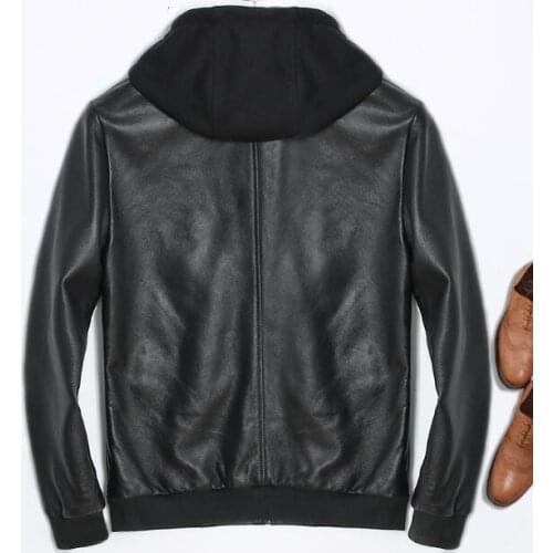 Genuine Leather Jacket Hoodie Motorcycle Real Sheepskin For Men Vintage Winter Spring Hooded Casual Black Slim Fit Coats Top
