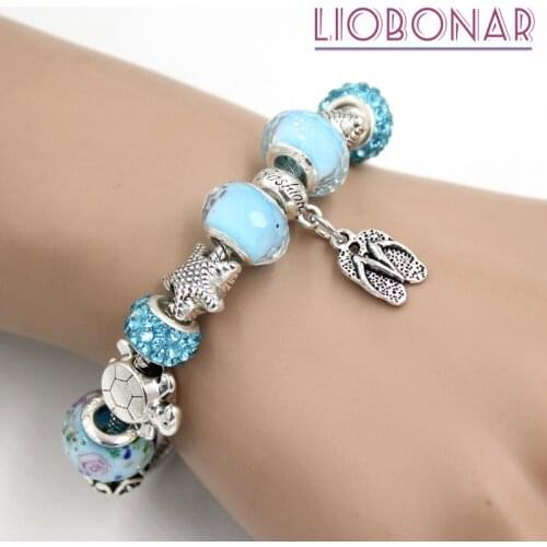 Newest Light Blue Lampwork Murano Glass Bead Sealife Ocean Beach Style Flip Flop Charm Bracelet for Women Jewelry Bijoux Pulsera