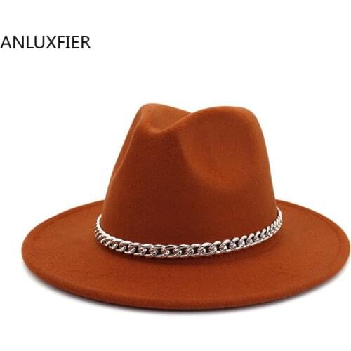 X3017 New Arrival Wool Felt Hats Wool Fedora Hats Wide Brim Woolen Hat Fashion Jazz Hat Adjustable Metal Chain Decorate