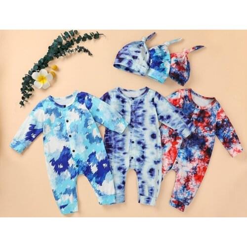 Toddler Newborn Baby Boy Girls Clothes Autumn Kids Tie Dye Print Button Rompers Hat Infant Sleepwear Outfit Jumpsuit Clothes