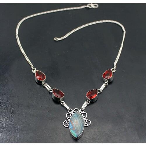 Hermosa Delicate NaturalJasper Red Garnet Silver Color Necklace Women Chain Necklace 18 Inch A183