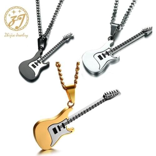 Zhijia Guitar Necklace For Men/Women Music Lover Gift Black/Gold Color Stainless Steel Pendant & Chain Hip Hop Rock Jewelry
