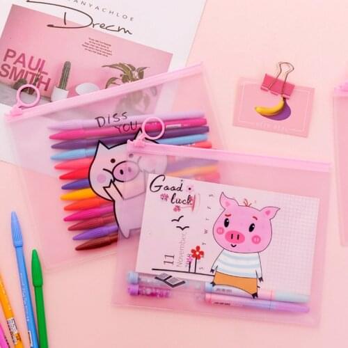 Creative Pink Piglet Girl Heart Finger Ring Zipper Transparent PVC A5 File Folder Document Filing Bag Stationery Bag