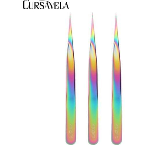 CURSAVELA Multi-Color Steel Straight Eyelashes Tweezers Rainbow Colored Lashes Easy fans Eyelash Extension Nippers Pointed Clip