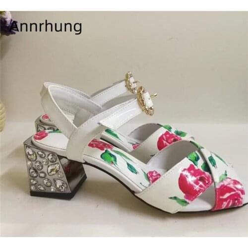 Rhinestone Chunky Heel Sandals Women Flower Printed Cross Strap Peep Toe Summer Party Shoes Crystal Buckle High Heels Sandalias