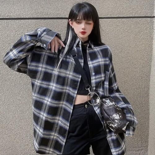 Loose Ins Casual Plaid Lazy Shirt Womens Shirts Ulzzang Japanese Kawaii Vintage Female Korean Harajuku Cute Clothes For Women