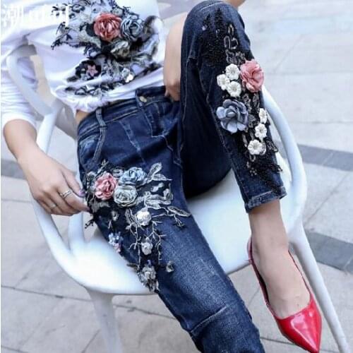 Womens Korean Fashion Flower embroidery Slim Haroun Jeans Female Sexy Jeans Plus Size Haroun pants TB641