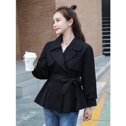 Womens Short Trench Coat with Sashes Long Sleeve Spring Autumn Ladies Casual Outwear Turn Down Collar Coats for Female Fashion