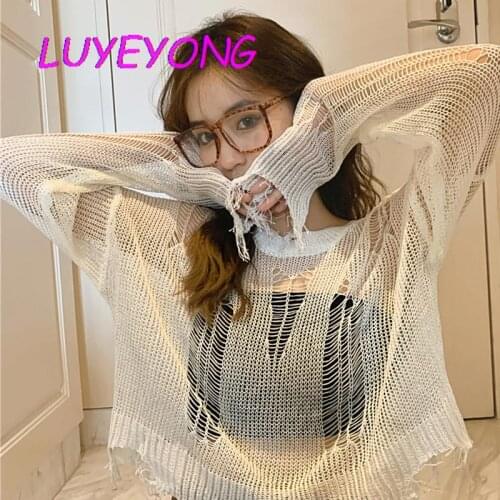 Black White Gothic Thin Women Pullover Loose Sweater 2021 Lady Hollow Out Hole Broken Streetwear Stretch Split Knit Short Top