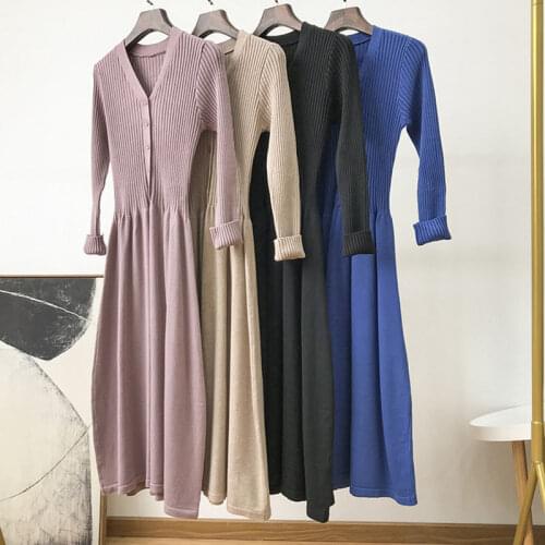 Autumn winter v-neck maxi sweater dress women female long sweater dress with belt elegant a-line solid slim dress