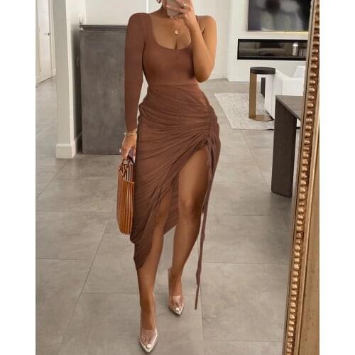 Summer Women Plain High Slit Ruched Dress 2021 Femme Sexy Solid Drawstring One Shoulder Skinny Robe Office Lady Outfits traf