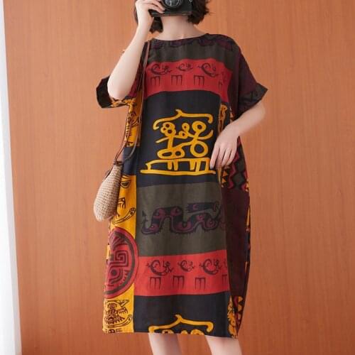 Vintage Dress 2021 New Arrival Cotton Linen Loose Summer Dress Print Floral Holiday Travel Casual Women Midi Beach Dress