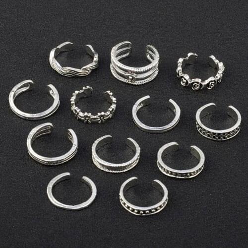 12Pcs/Set Vintage Boheimia Foot Ring Set For Women Beach Toe Set Ring Sexy Adjustable Open Jewelry Charm Summer Finger Rings