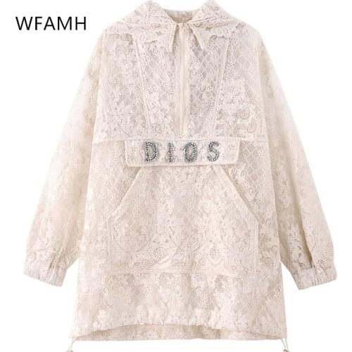 2021 New Summer Fashion Lace Round Neck Hollow Diamond-studded Hoodie Womens Loose Thin Long Sleeve Top Polyester Pullovers