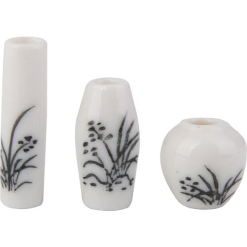 3pcs Dollhouse Miniature Ceramic Flower Vase with Black Painted Floral Classic Toys Pretend Play Furniture Toys Doll House Decor