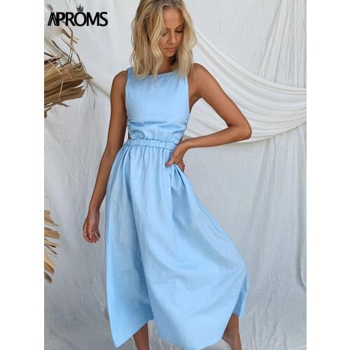 Aproms Solid Color Open Back Midi Dress Women Summer 2021 Vintage Sleeveless Sundress Female Casual Backless A-line Party Dress