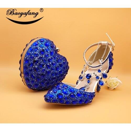 BaoYaFang New Wedding shoes with matching bag set Royal Blue crystal Bride Payty Dress shoes and Heart Purse women shoes