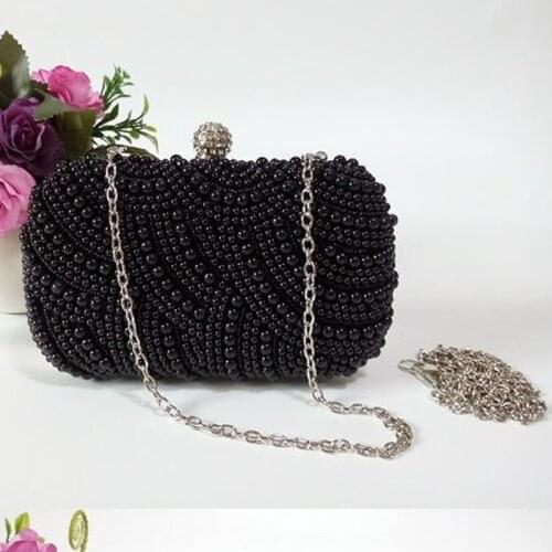 BiPtyDam Hand made Luxury Pearl Clutch bags Women Purse Diamond Chain white Evening Bags for Party Wedding black Bolsa Feminina