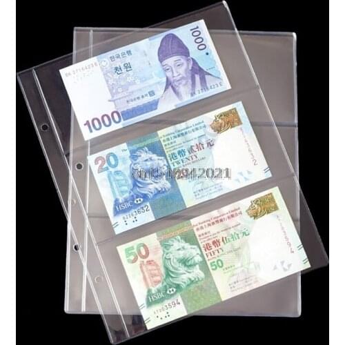 New Collection Album Pages 3 Pockets Money Bill Note Currency Holder PVC Collection 1 Sheet