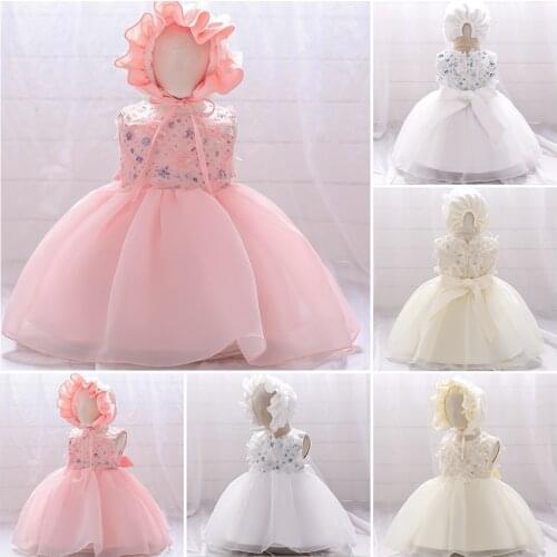 Summer Flower Baptism Clothing with Hat 2 1 Year Birthday For Baby Girl Lace Princess Dresses