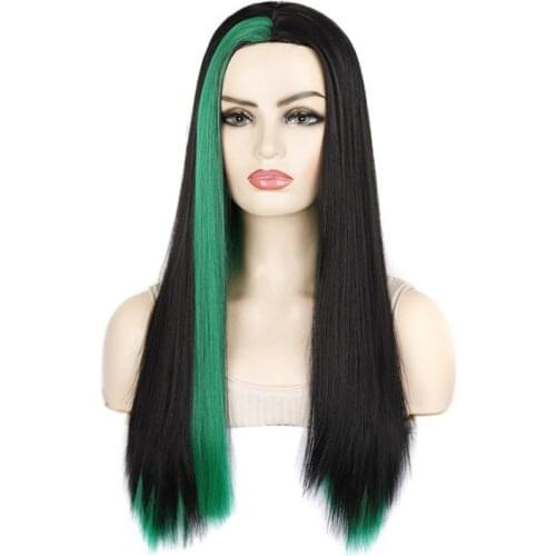Long Straight Two Color Set Unique Cosplay Wig Womens Synthetic Hair Wigs Green Purple Pink Color